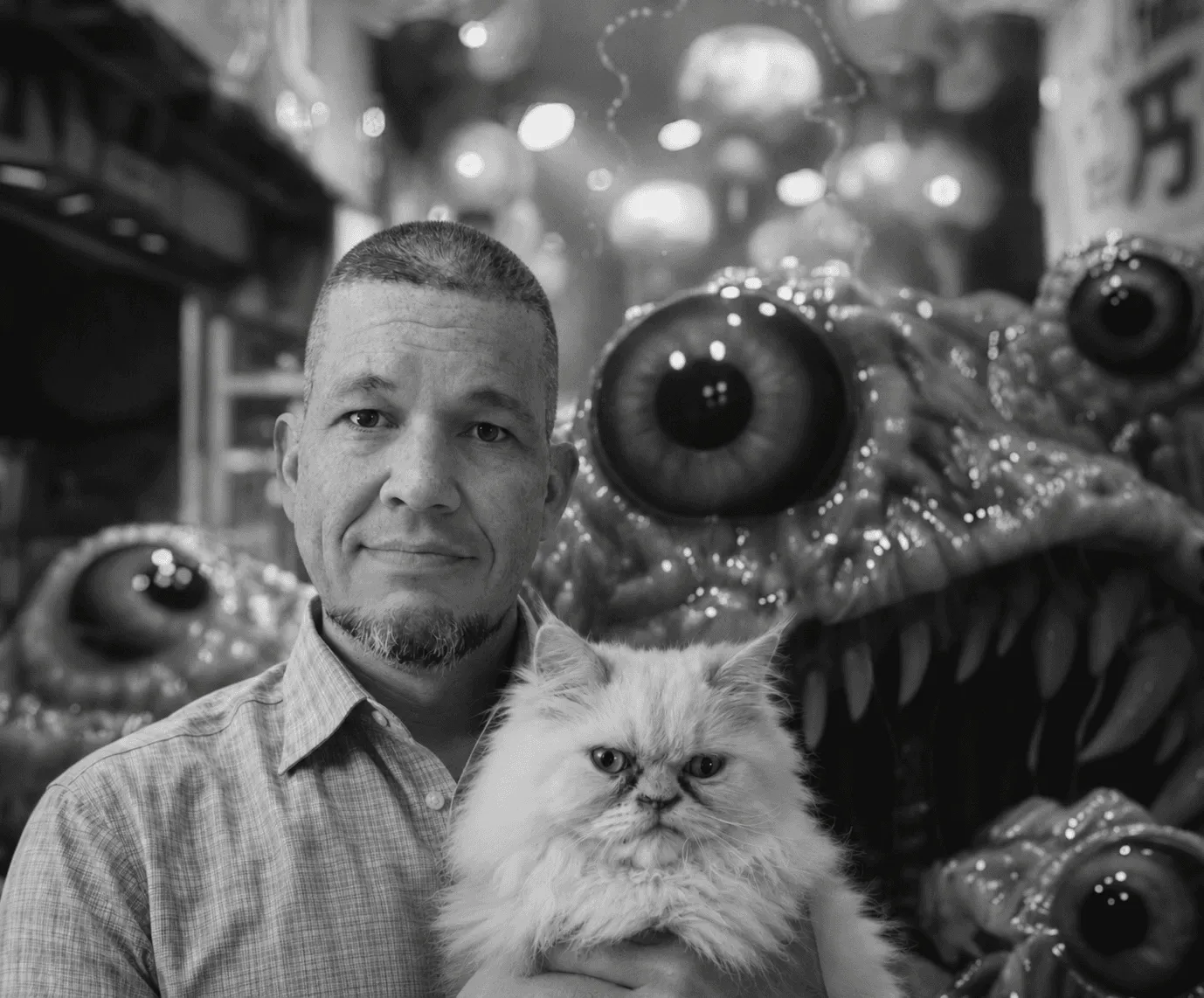 Black-and-white composite portrait of Nate Held holding a white Persian cat on a night street, with a large multi-eyed creature behind them