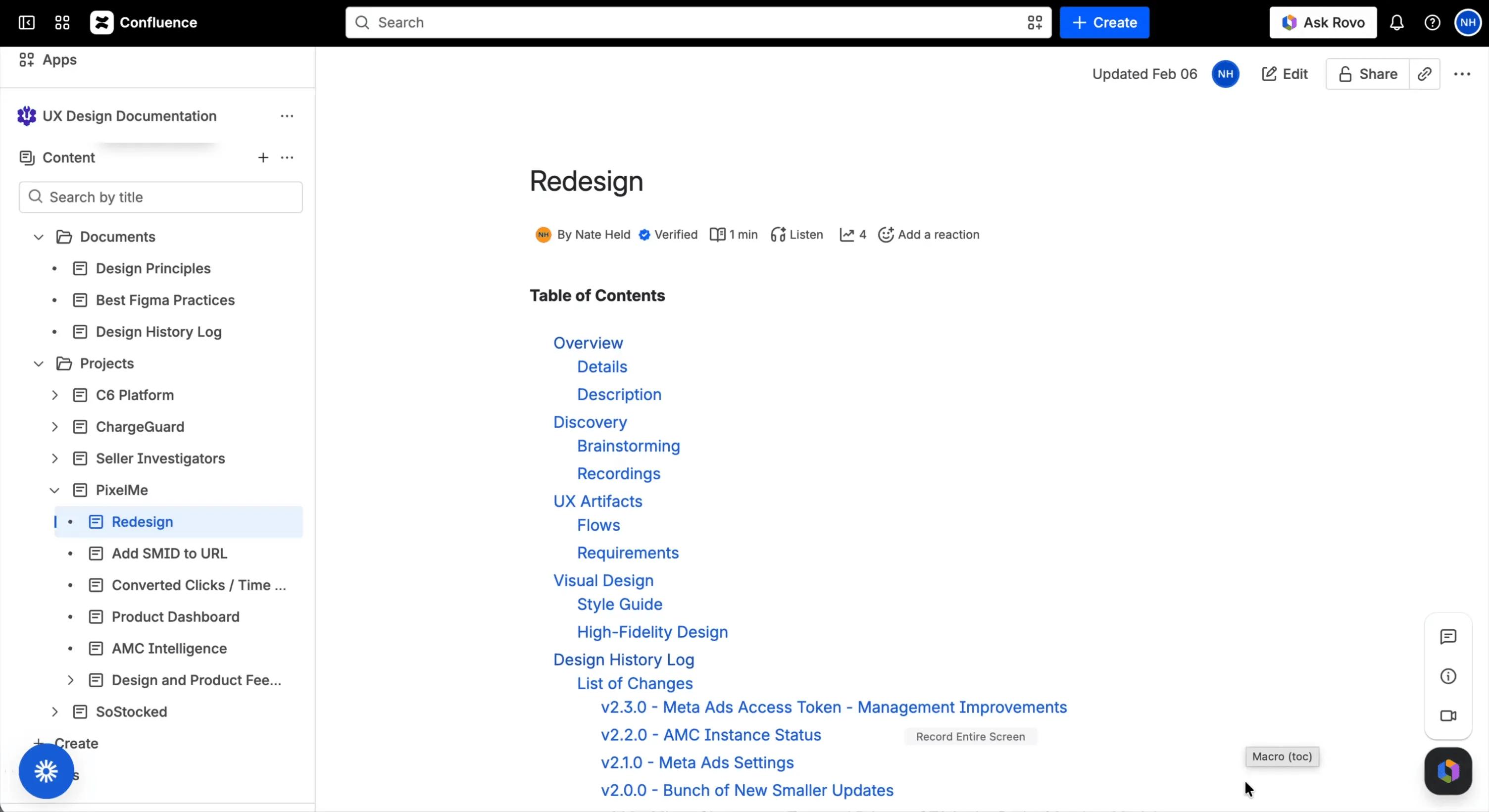 A Confluence “Redesign” page in the UX Design Documentation space, with a table of contents and a sidebar tree of design docs and per-product projects.