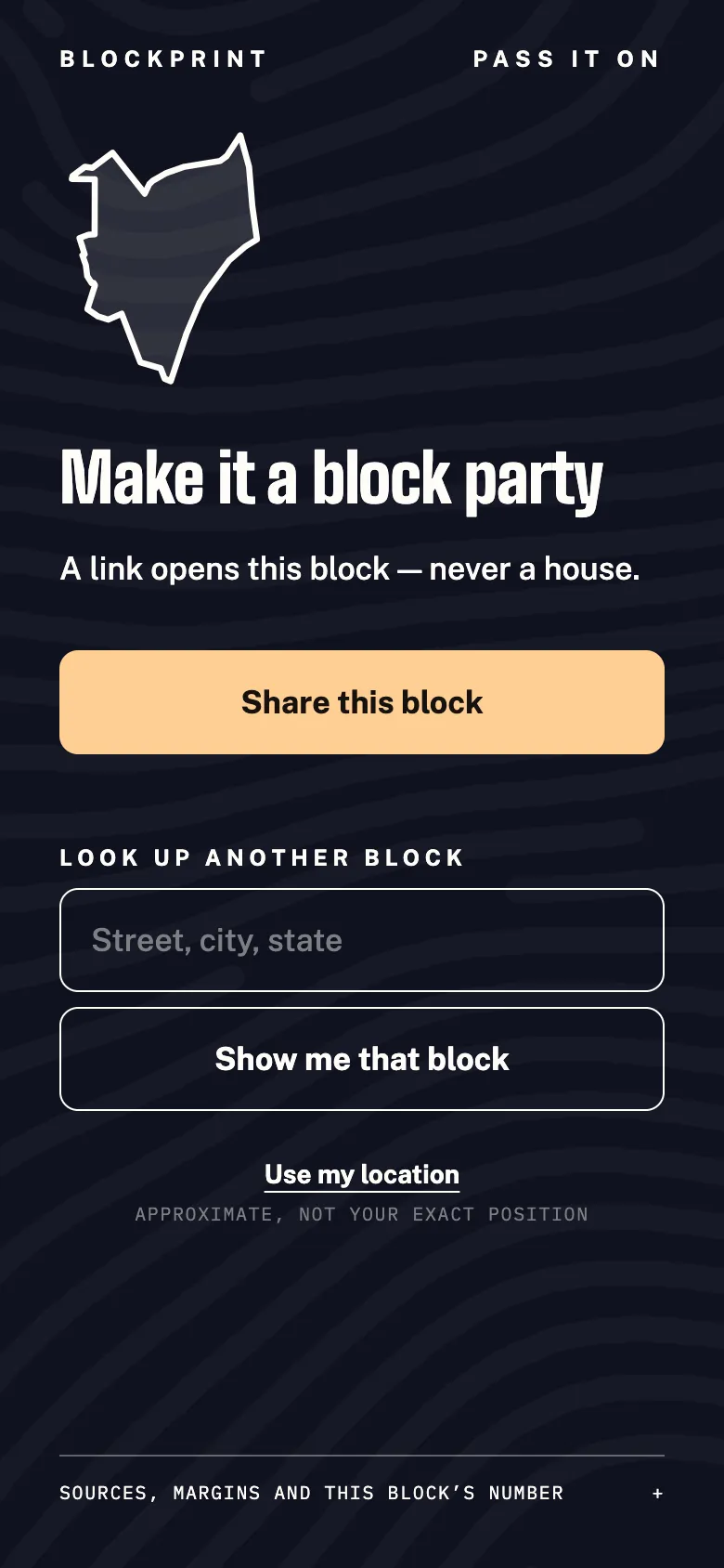Blockprint's end card: the block's outline, the headline Make it a block party, a share button and a field to look up another block.