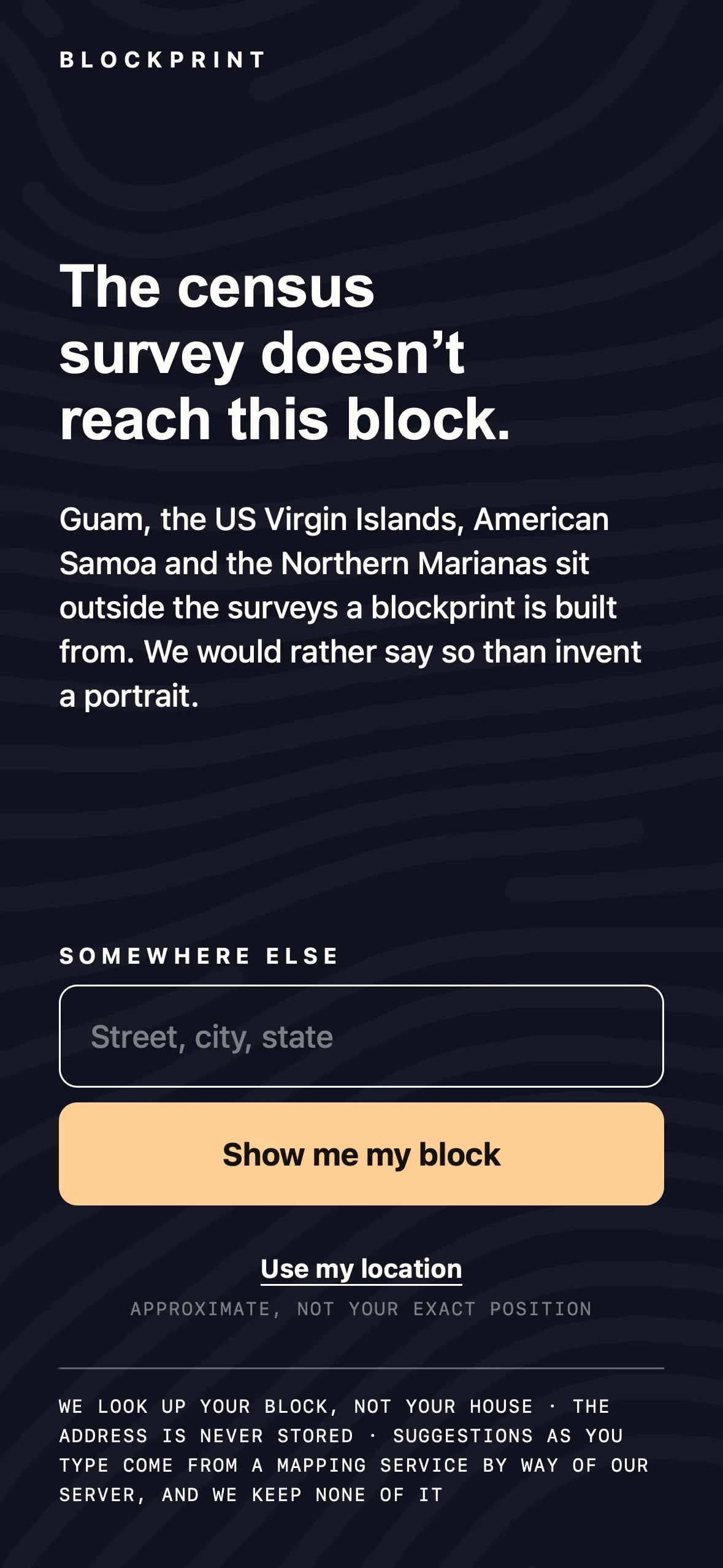 A Blockprint failure state, The census survey doesn't reach this block, explaining that the US territories sit outside the surveys and it would rather say so than invent a portrait.