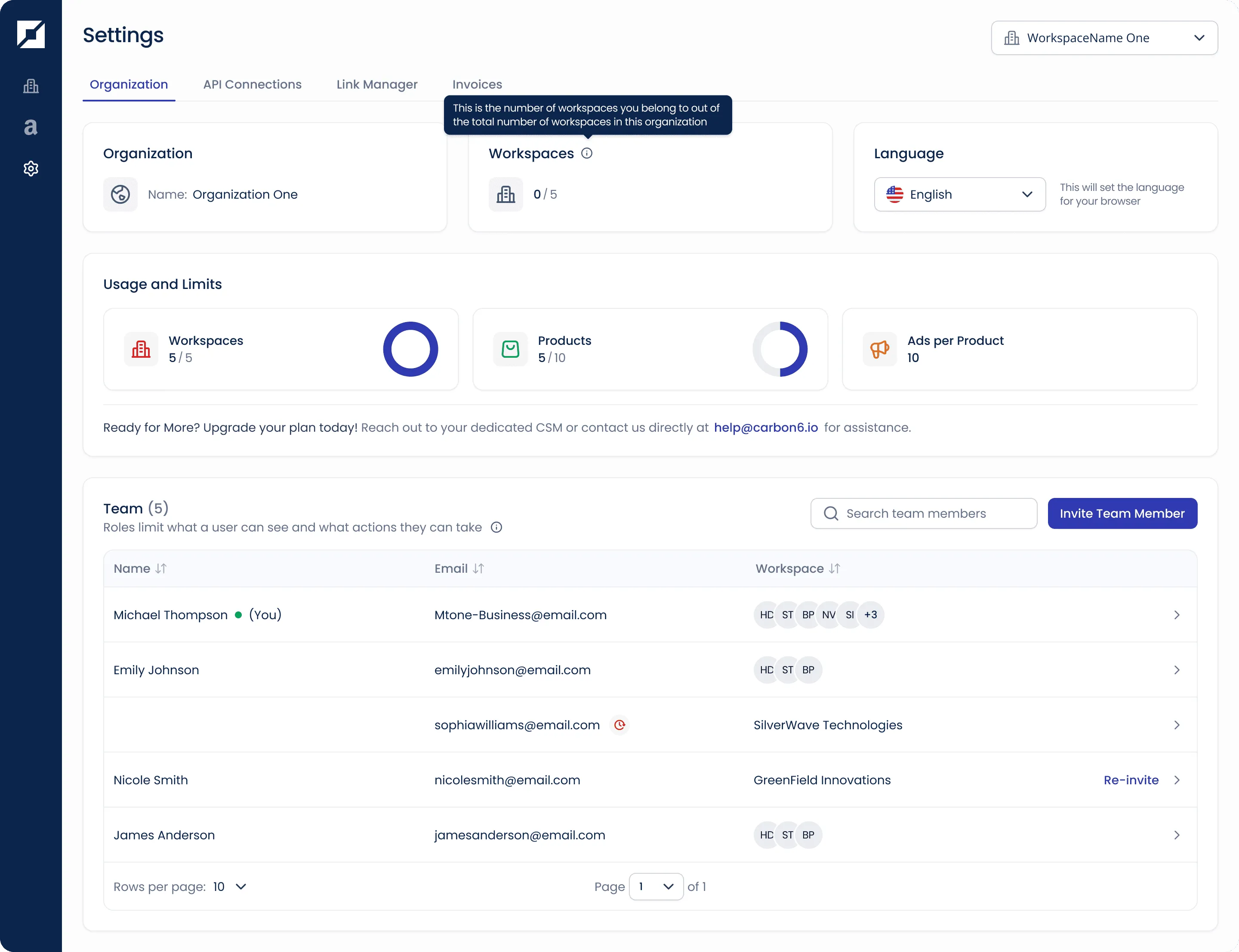 Redesigned PixelMe Settings screen showing organisation details, workspace and product usage limits as circular gauges, and a team table with member roles and permissions.