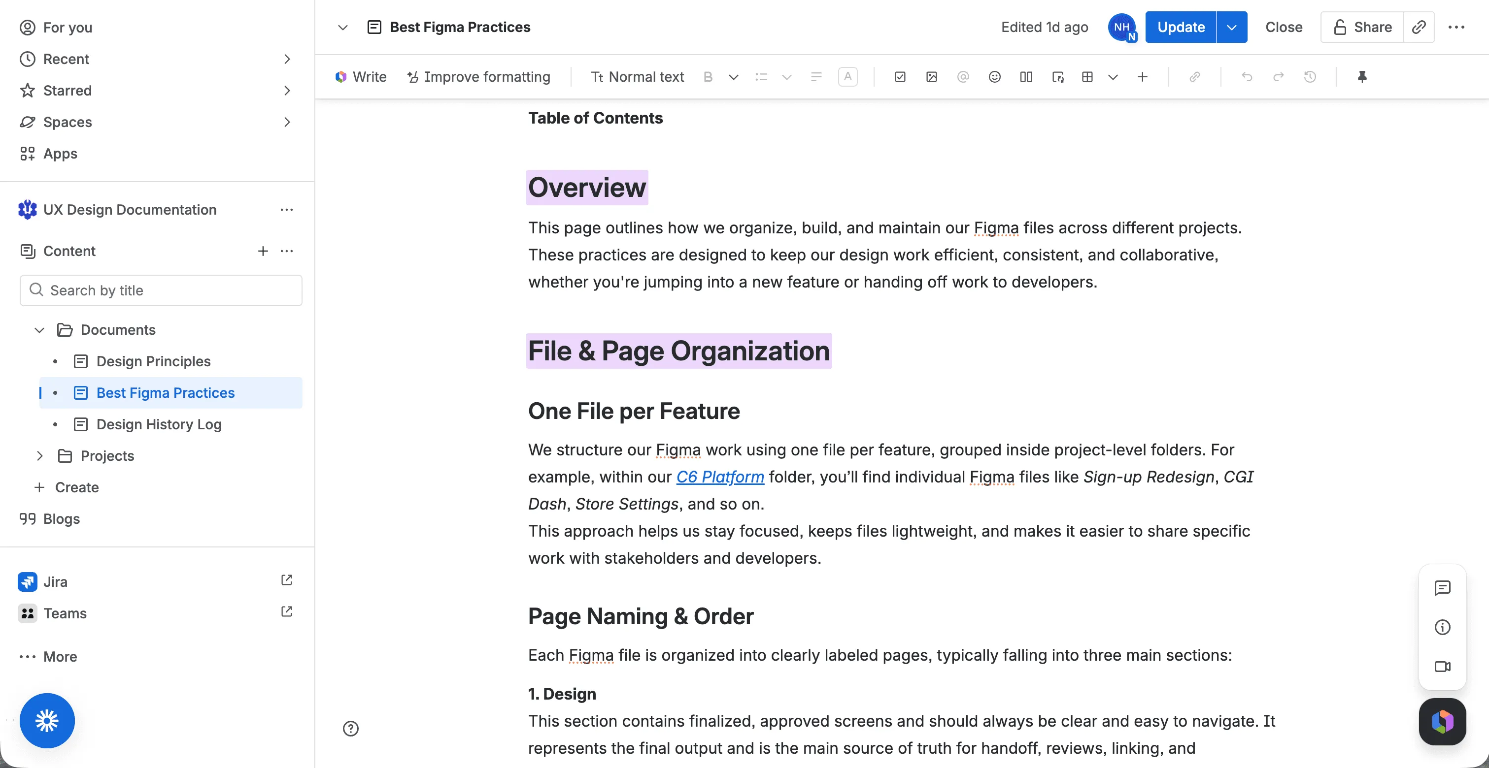 Confluence page titled “Best Figma Practices” documenting file and page organisation, one file per feature, and page naming conventions, with the UX design documentation tree in the sidebar.