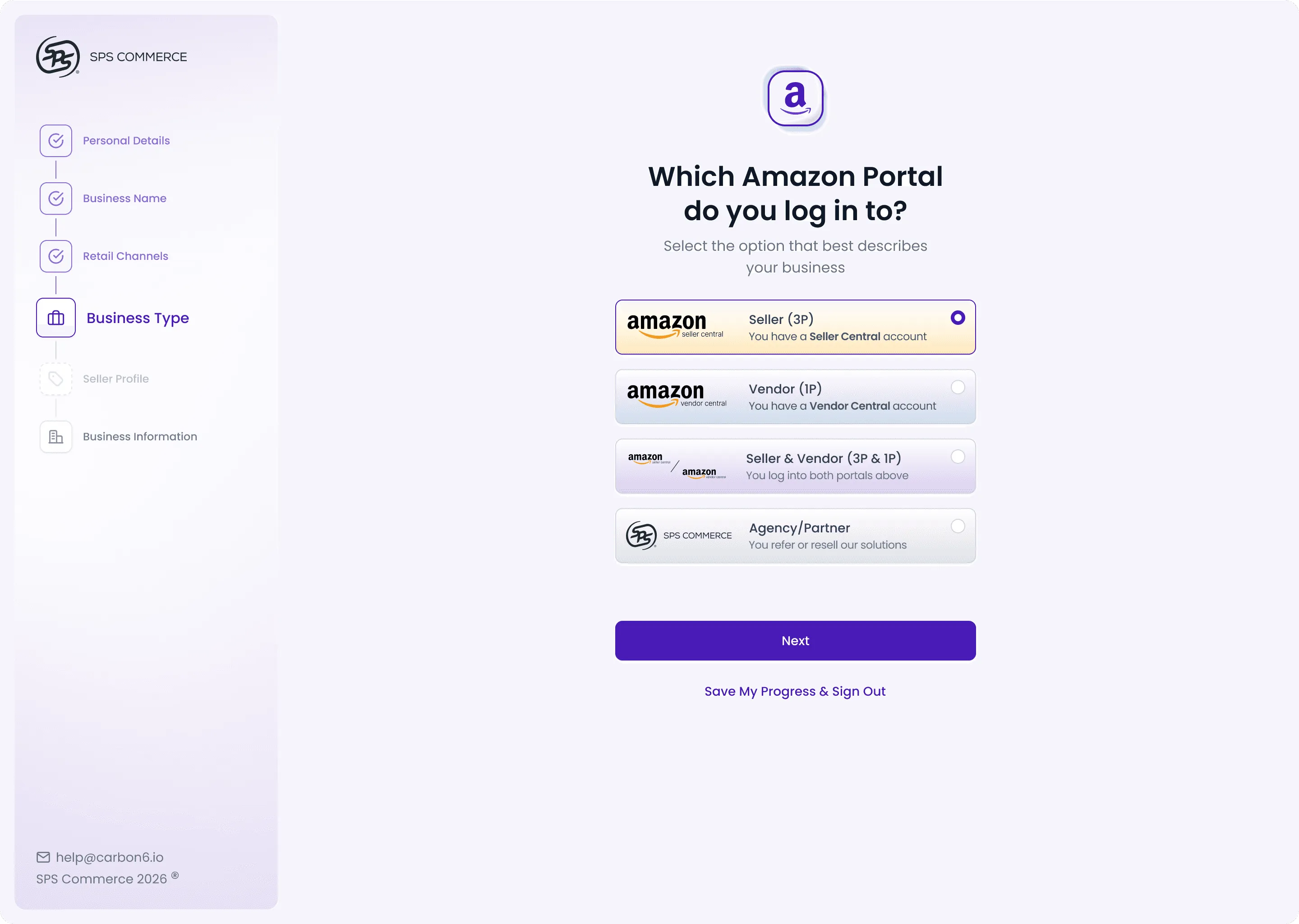 A redesigned SPS Commerce onboarding step (“Which Amazon Portal do you log in to?”) with a left progress rail and business-type options for Amazon Seller, Vendor, both, or Agency/Partner.
