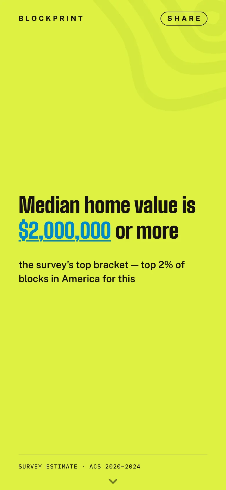 A Blockprint card on a lime ground: median home value is $2,000,000 or more, the survey's top bracket.